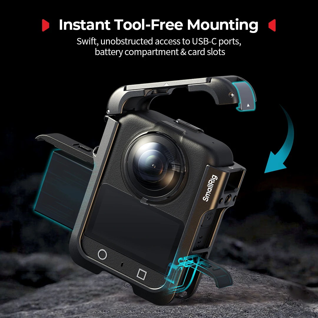 قفص صغير لـ DJI Osmo 360 مع غطاء عدسة سيليكون 1/4 بوصة - 20 برغي مع دبابيس مضادة للالتواء حذاء بارد خفيف الوزن للغاية 48 جرام -5704