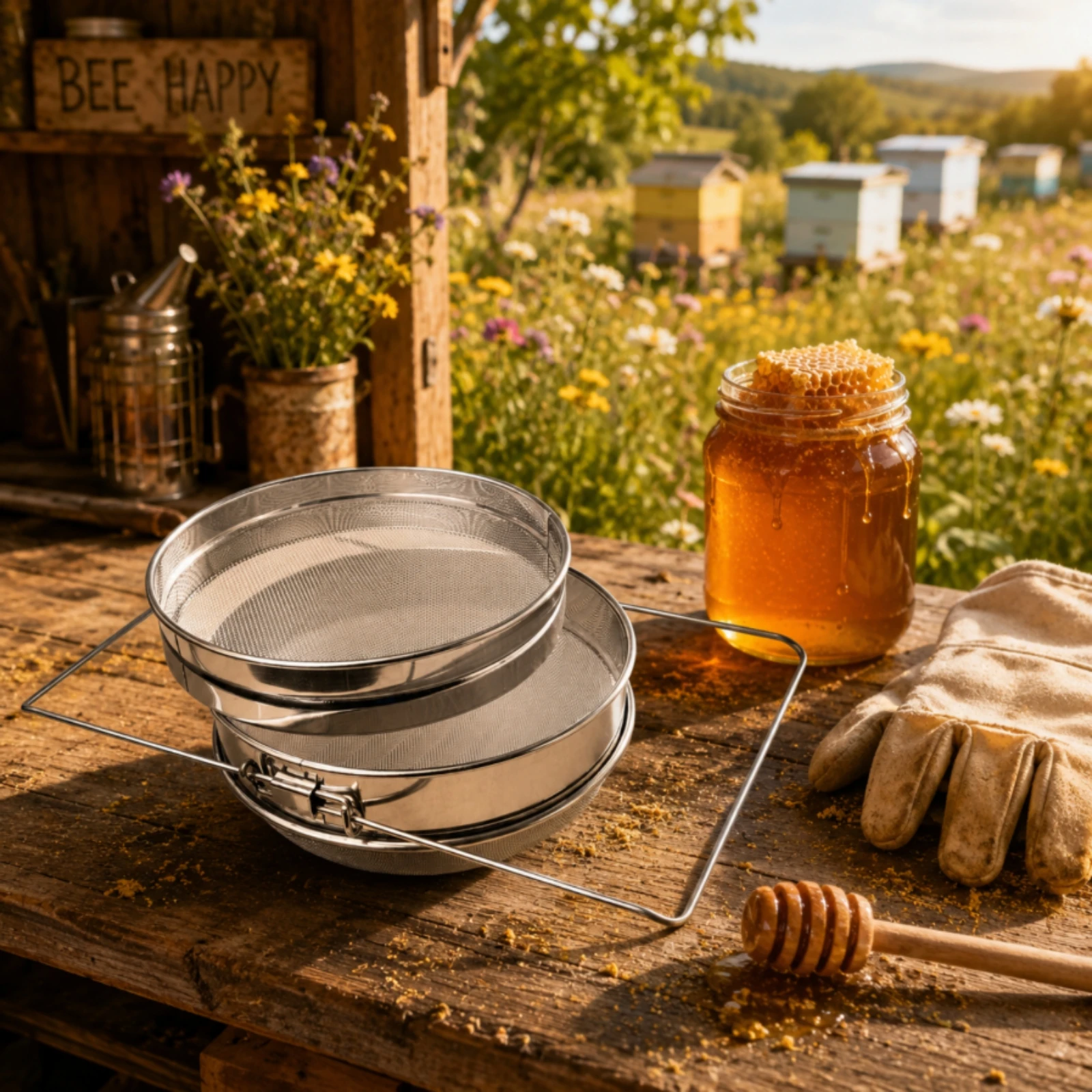 Extendable Extendable Support Honey Strainer Easy to Clean Double Mesh Beekeeping Strainer Food Processing Tool for Beekeepers view 6