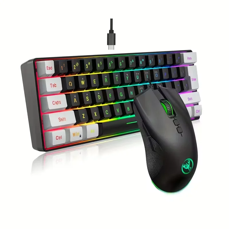 mini 60% wired keyboard and mouse set with 61 keys, dual color injection molded keycaps, color backlit optical mouse, USB plug