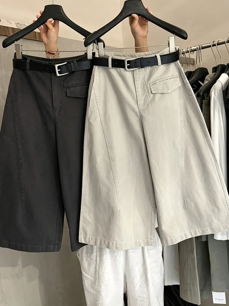 High Waist Wide Leg Seven-Foot Pants Women's Casual Loose Fit Fake Pocket Single Button Autumn Fashion Design Sensation