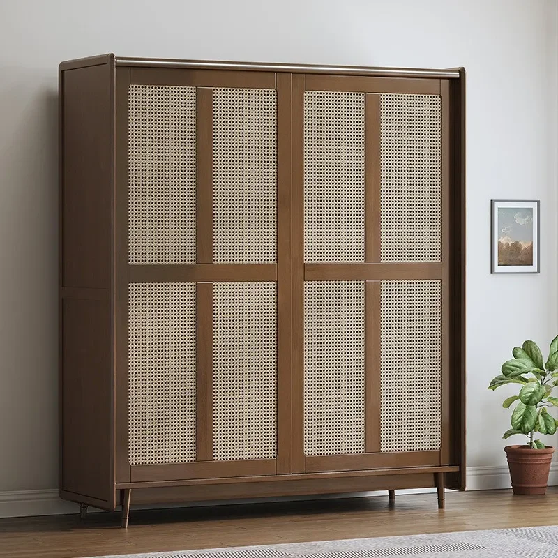 for Nordic Retro Solid Wood Japanese Style Modern Simple Rattan Push Pull Wardrobe Household Furniture