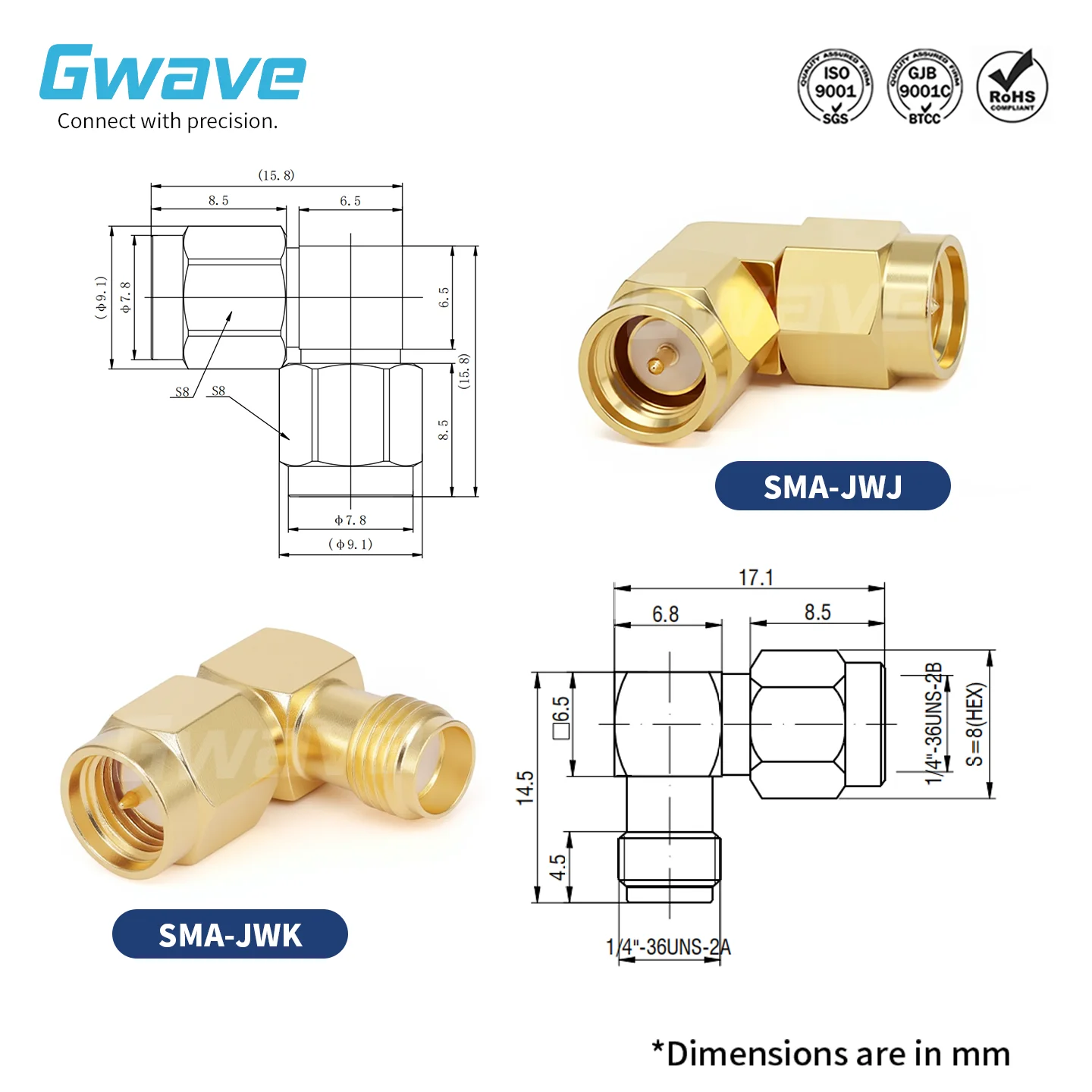 Codo SMA 90 °   Adaptador de Ángulo Recto de Latón Chapado en Oro DC-18G SMA-JWJ/KWK