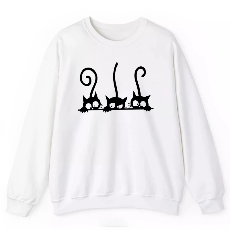 2025 Brand New Women O-Neck Long Sleeve Hoodies Cute Cat Printed Pullover All Season Girl Home Outdoor Casual Fashion Sweatshirt