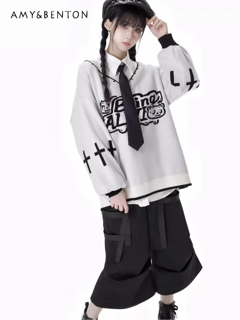 

Autumn New College Style Sweet Cool V-neck Knitted Sweater Cat Ear Long Sleeve Slim Top Slimming Loose Cargo Pants Gothic Sets