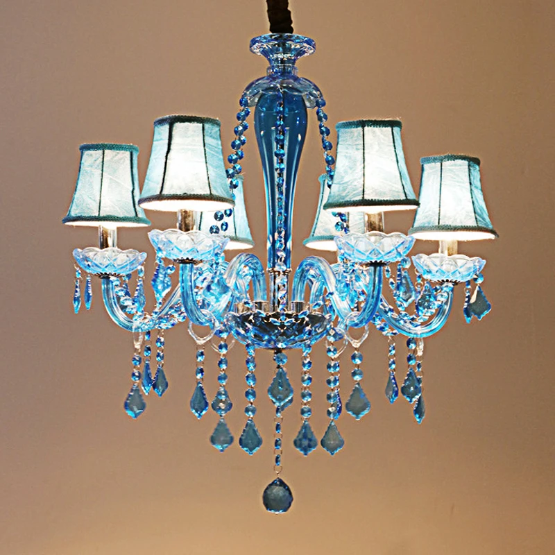 European Bedroom Mediterranean Blue Crystal Chandelier Height 60Cm E27 Apartment Living Room Clothing Store Led Pendent Lamp