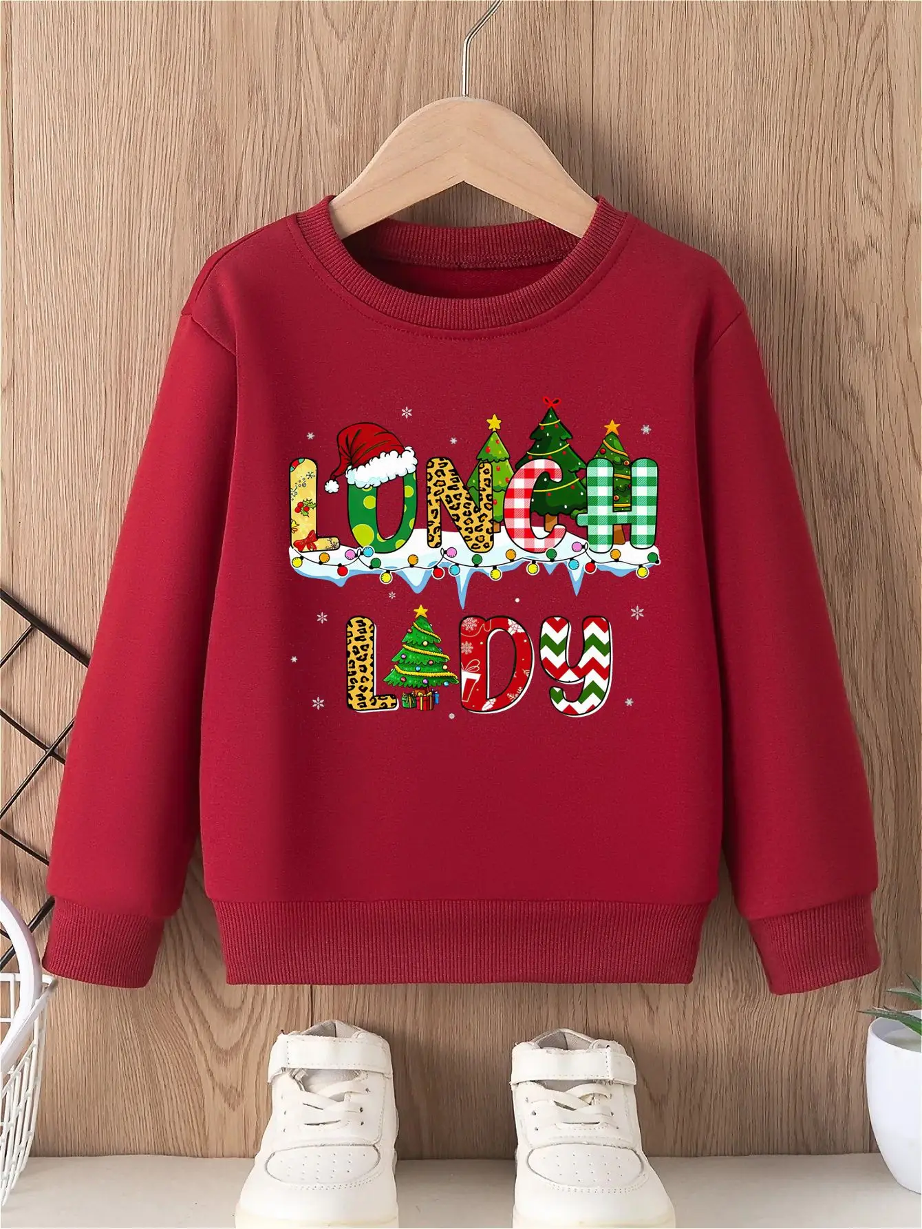 Girls' Hoodless Sweatshirt with 'LUNCH LADY' Whimsical Christmas Graphic  Leopard Print Christmas Tree Festive ong sleeved top
