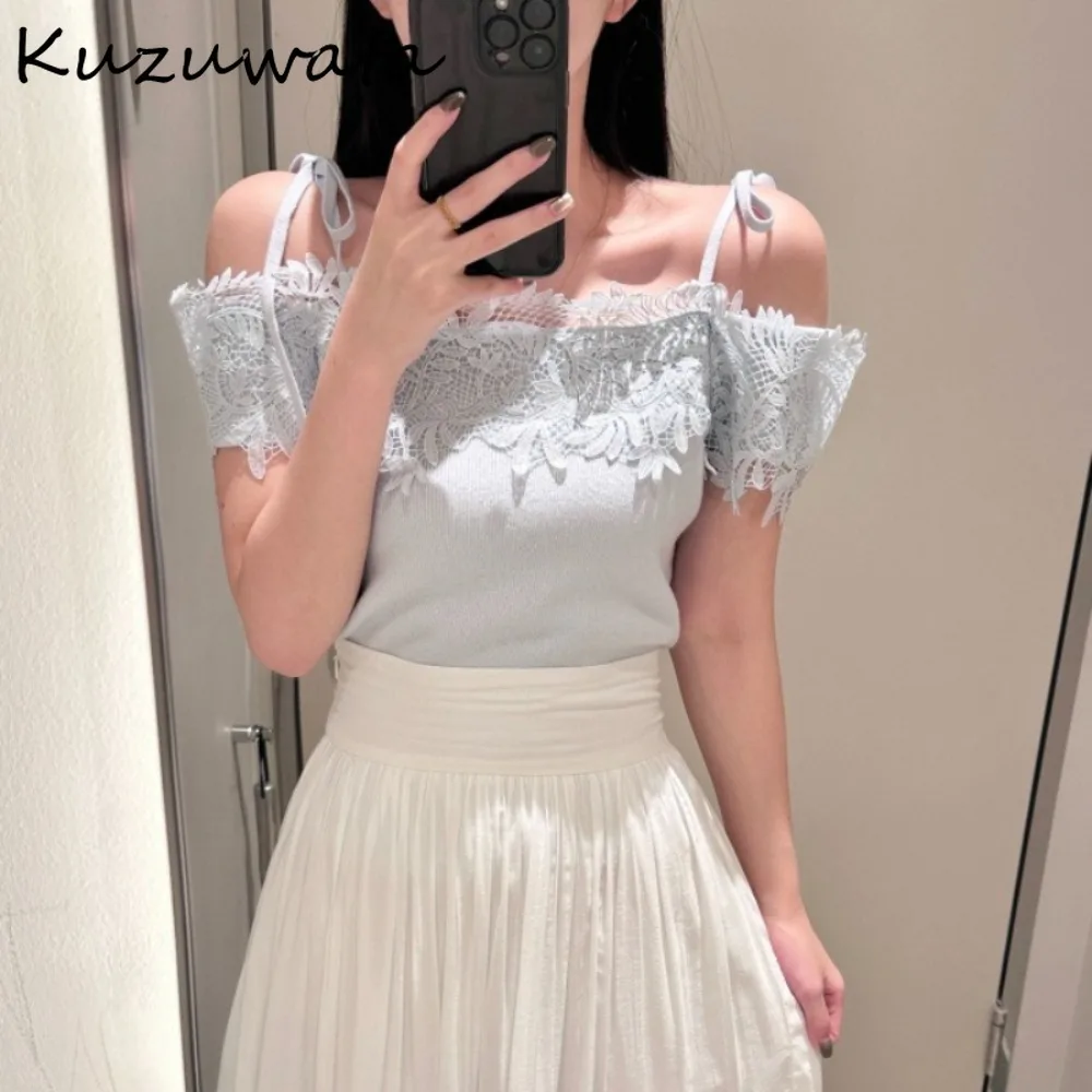 

Kuzuwata New Sling Off Shoulder Lace Pullovers Crochet Knit Hollow Out Sweet Jumper Japan Fresh Ruched All-match Literary Mujer