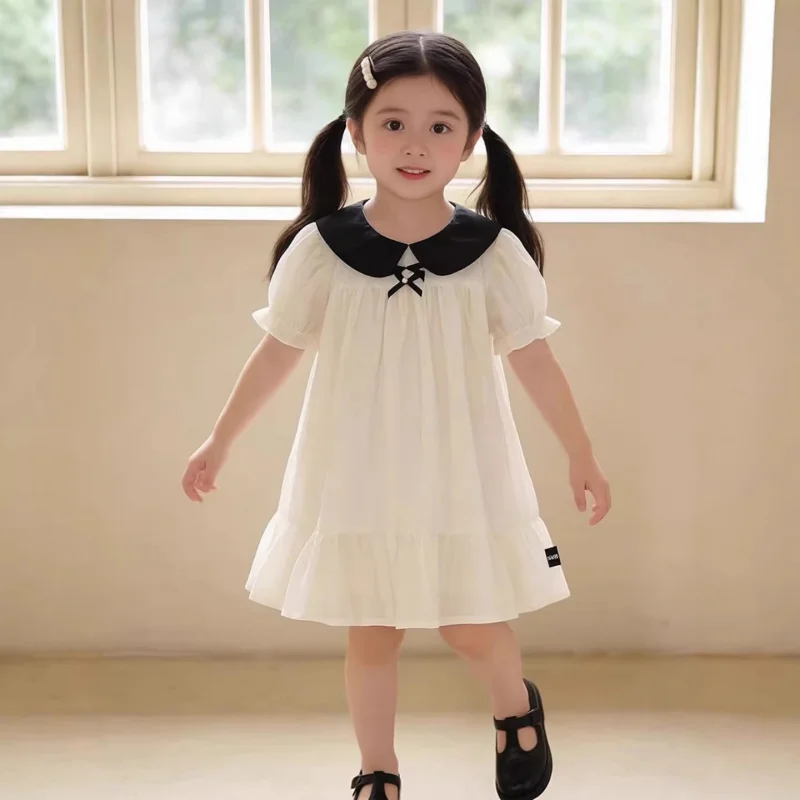 

Little girl's dress2026Summer New Fashionable Doll Collar Bow Solid Color Puff Sleeve Princess Dress