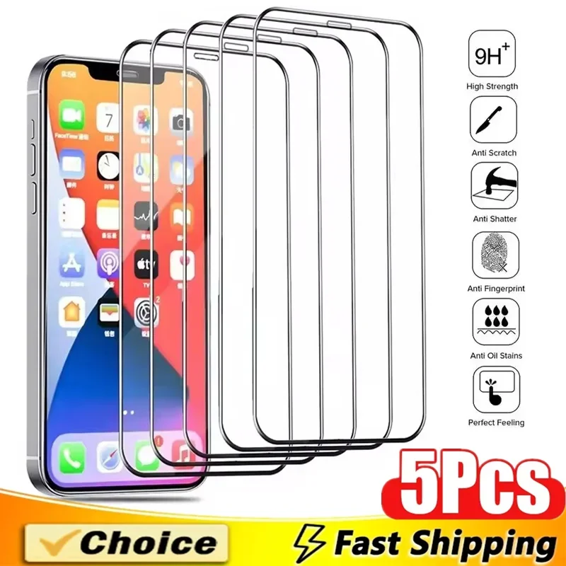 

5Pcs HD Tempered Glass For iPhone 13 11 12 14 15 Pro Max 7 8 Plus Full Cover Screen Protector For iPhone 16 17 PRO XR X XS MAX
