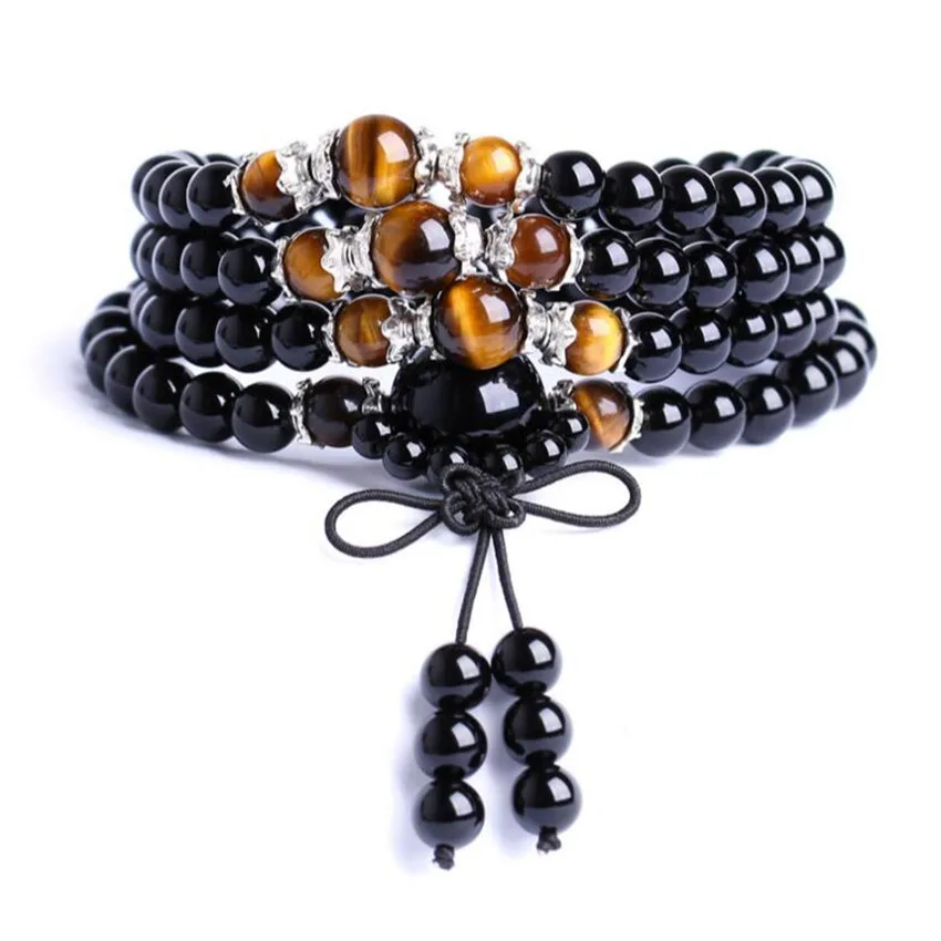 

6mm Tiger's Eye Obsidian 108 Buddha Beads Bracelet Bohemian Link Semi-precious Stones Buddhist Men's Handmade Prayer Teens Mala