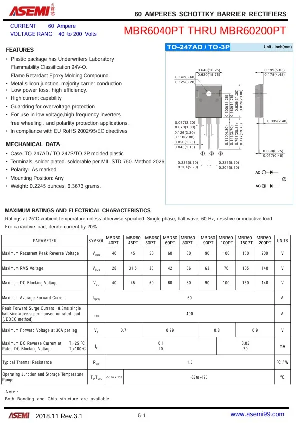 Diodo Schottky MBR60100PT, 2 piezas, 60A, 100V, ASEMI, nuevo