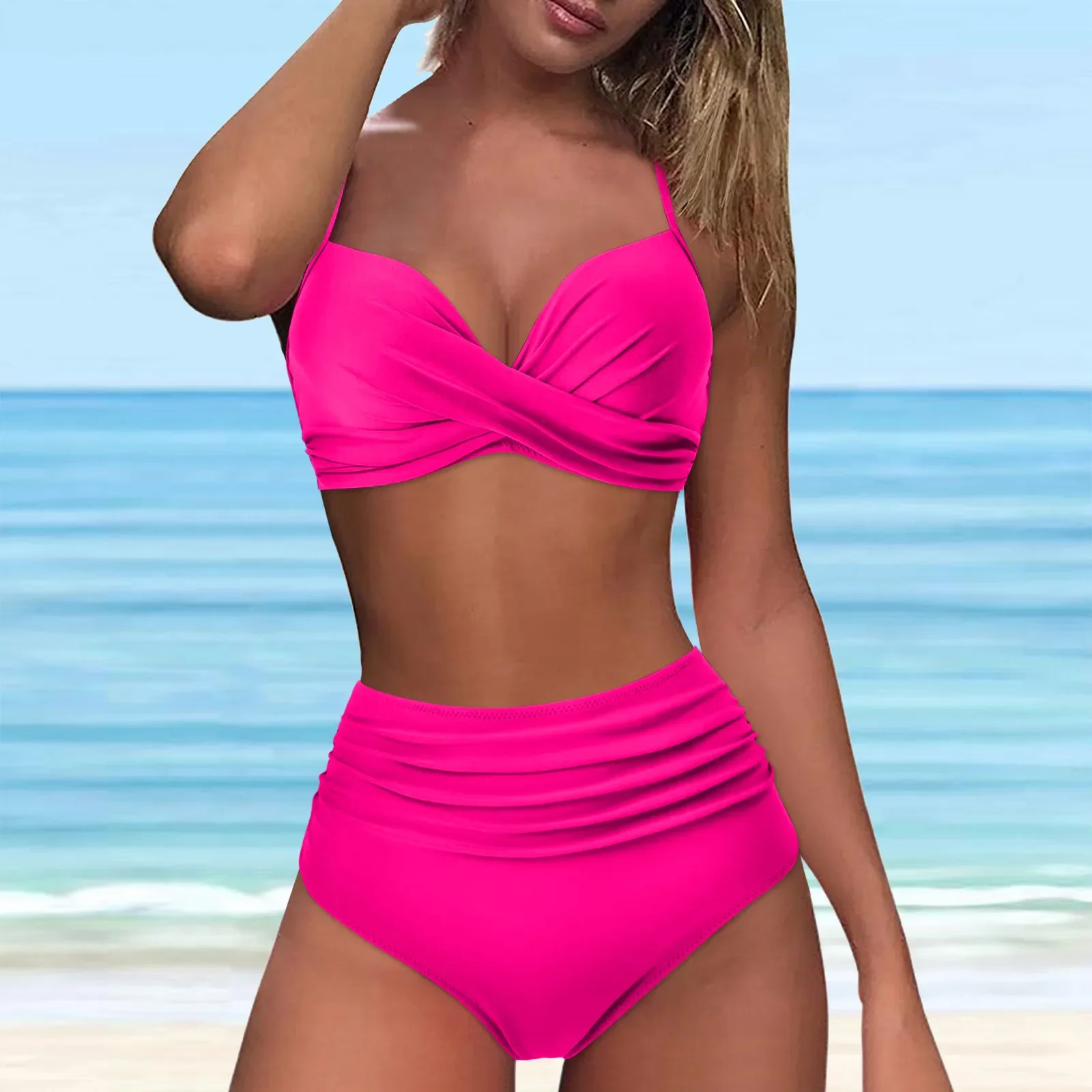 Bikini mit hoher Taille, 2025, Damen-Badeanzug, Damen-Bademode, Badeanzug, gepolstert, Push-Up, geraffter Badeanzug, Damen-Bikini-Set