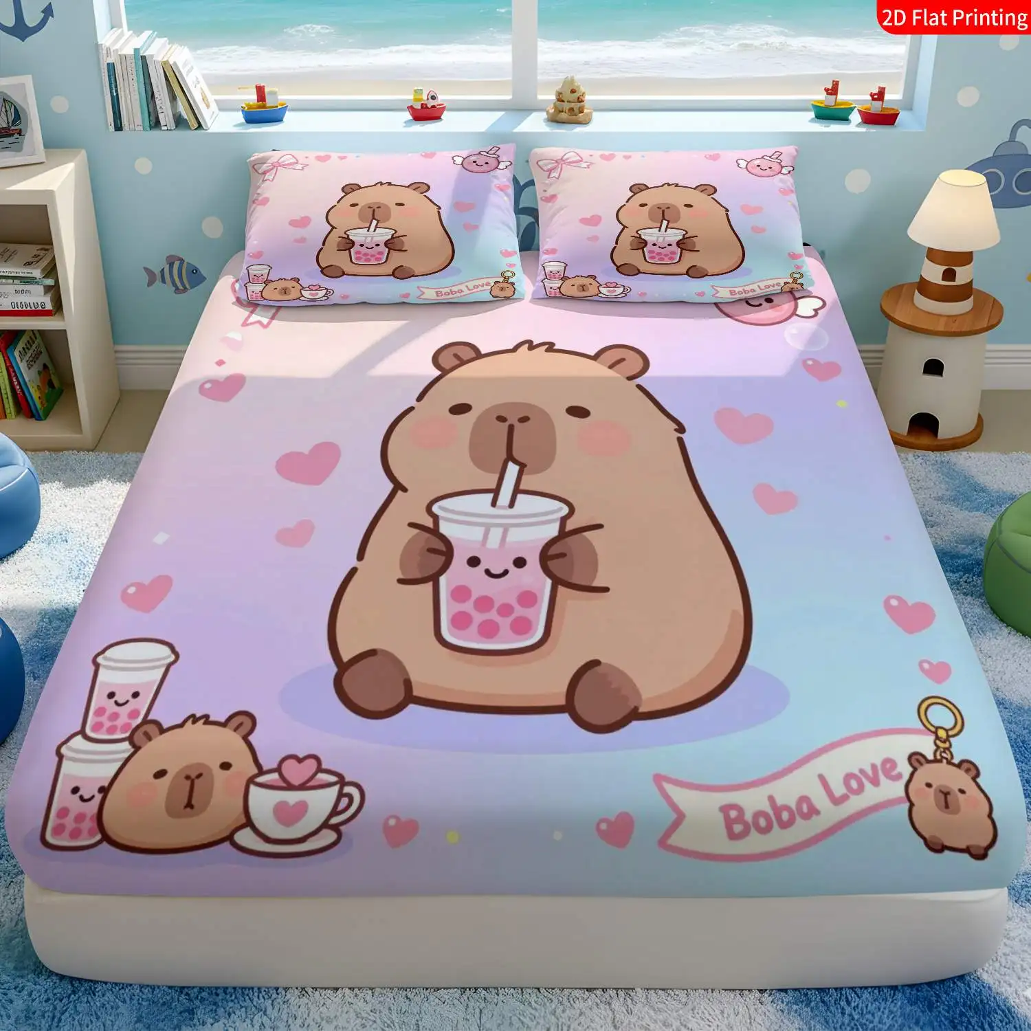 3-Piece Mattress Protector Set, 2D Flat Printed Fitted Sheet with Cute Capybara Pattern, Bubble Tea Themed Home Bedroom Decor, Holiday-Themed Fitted Sheet and Pillowcase, Mattress Protector, Stain-Resistant, Mattress Cover, Suitable for All Seasons, Machine Washable, Easy to Care For, Universal for Home Bedrooms, Essential for Dorms and Rentals, Master Bedroom and Guest Room Decoration, Dust-Proof and Stain-Resistant, High Elasticity, Fits Various Sizes
