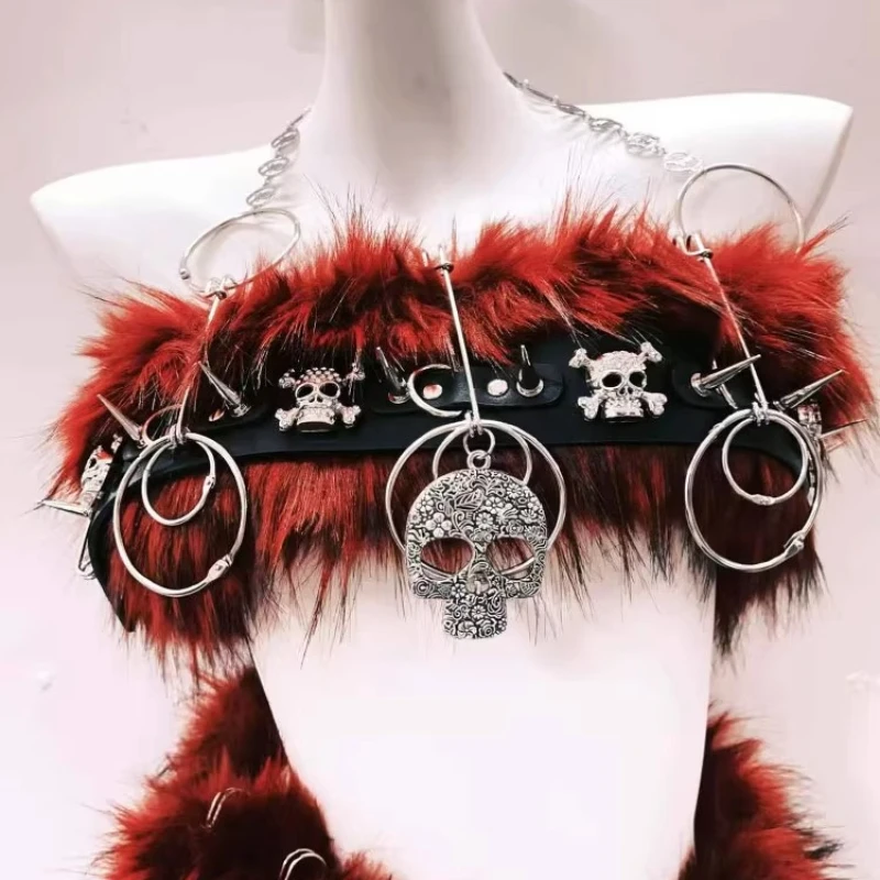 Gothic Design Punk Rock Collar Rivet Fur Women's Vest 2025 Autumn Winter New Sweet Cool Sexy Heavy Mini Short Skirt Set Ladies