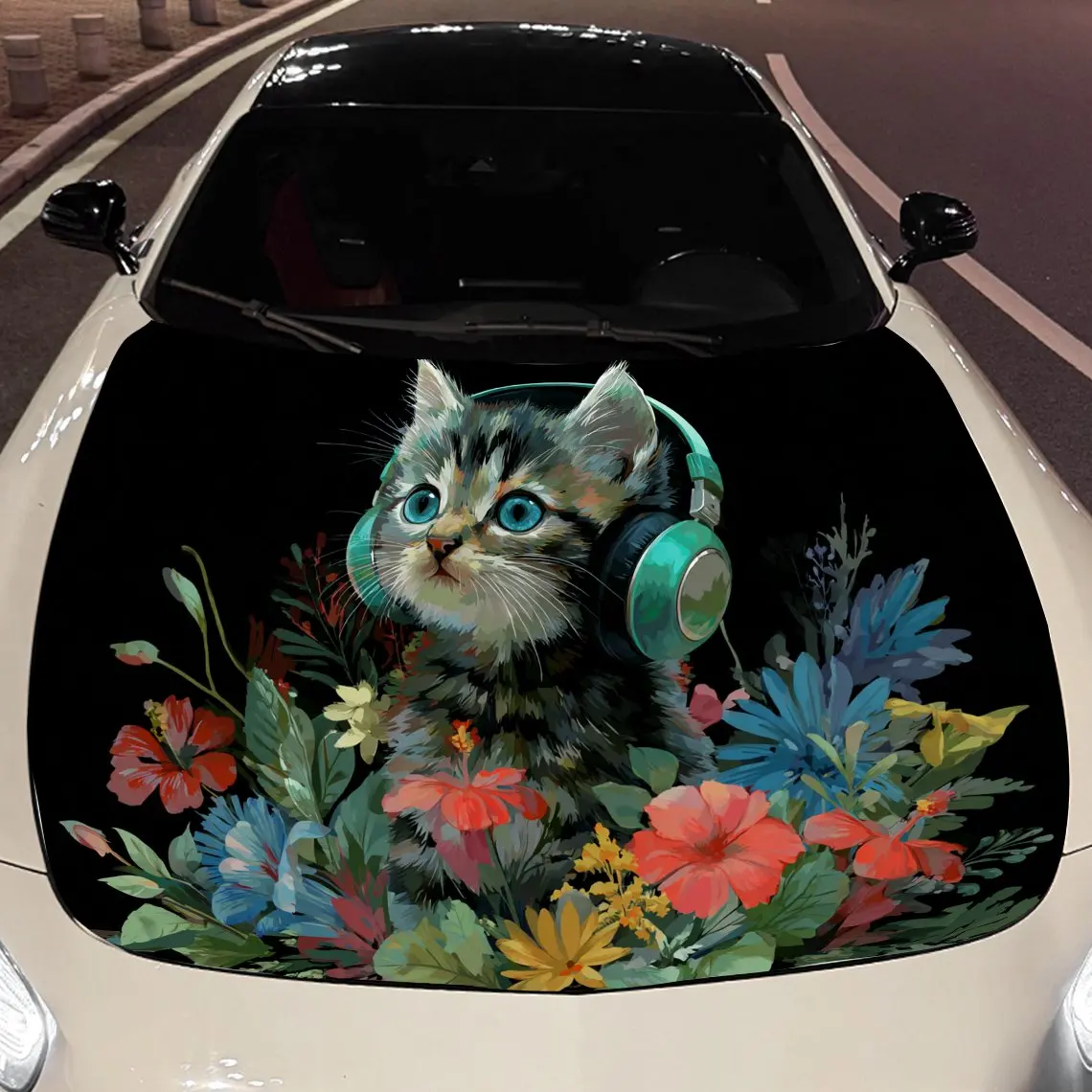 The kitten wearing green headphones Car Hood Vinyl Stickers Car Surface Protection Decal Car Decoration Cover Vinyl Wraps Waterp