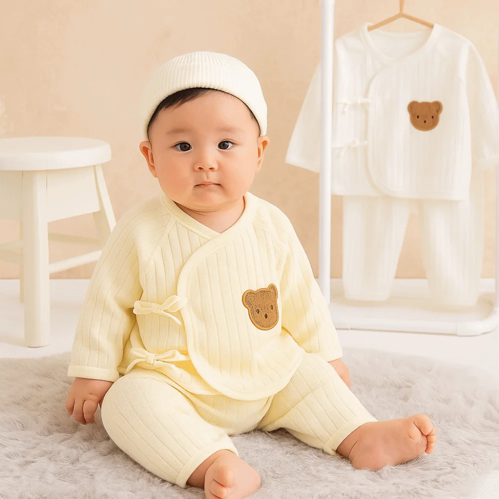 2Pcs/set Cartoon Bear Baby Cardigans Sets Soft Cotton 0-6 Months Baby Clothing Sets Solid colors Long Sleeve