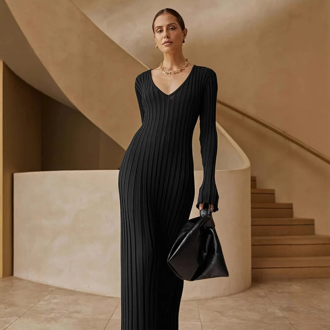 

Women's Knitting Dress Autumn Winter New Knit Dress Casual Waist Cinched V Neck Large Rib Slim Fit Long Knit Dress
