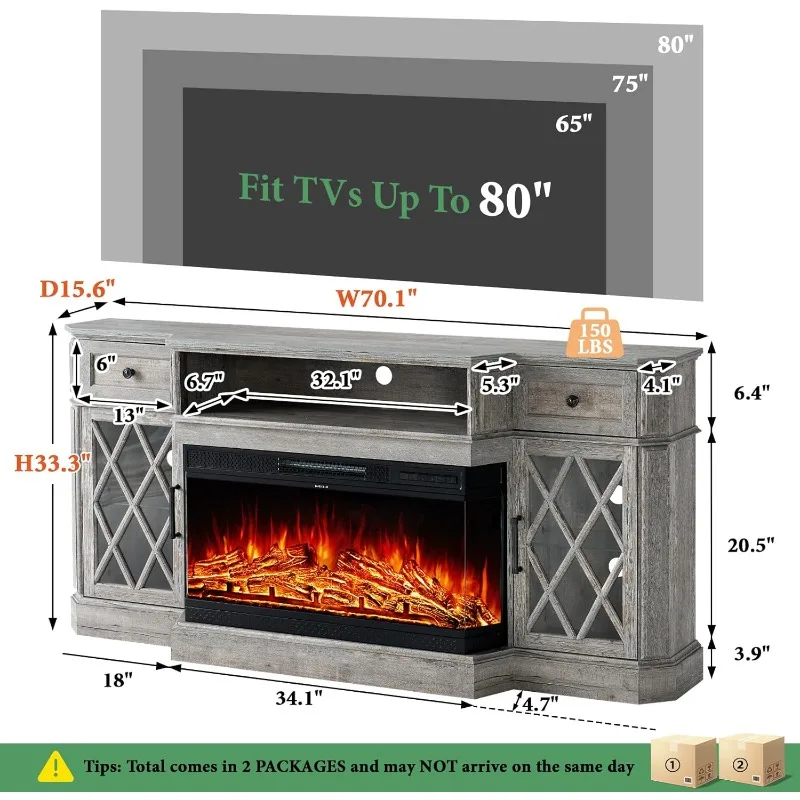 Fireplace TV Stand, Suitable for TVs Under 80 Inches and 70 Inches, LED Lights Entertainment Center, with 36 Inch Fireplace Gray