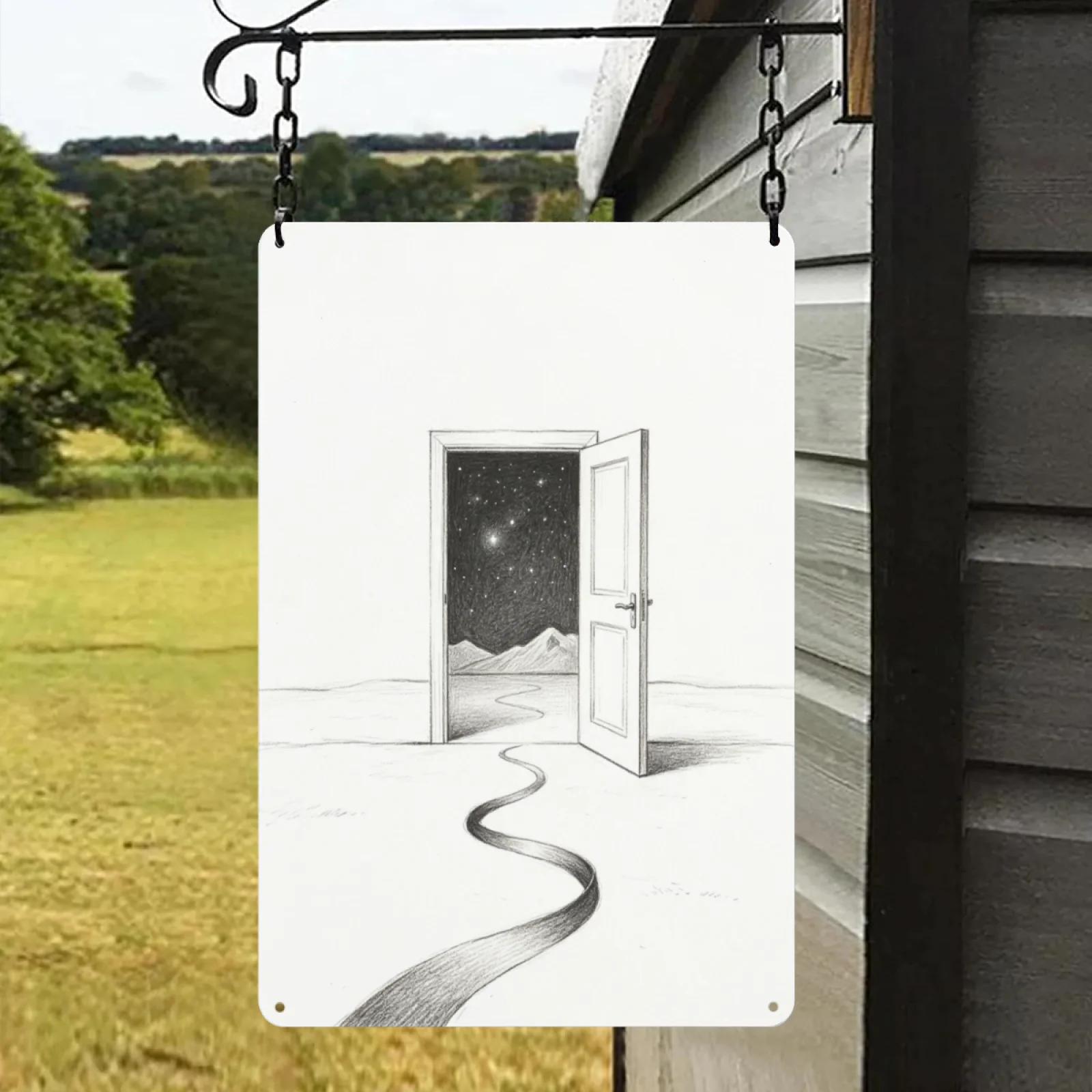 Minimalist Doorway Night Sky Metal Wall Art, Abstract Pencil Sketch Home Decor, Open Door Galaxy Landscape Painting, Modern Nordic Wall Hanging Decoration, Creative Bedroom Living Room Artwork Gift