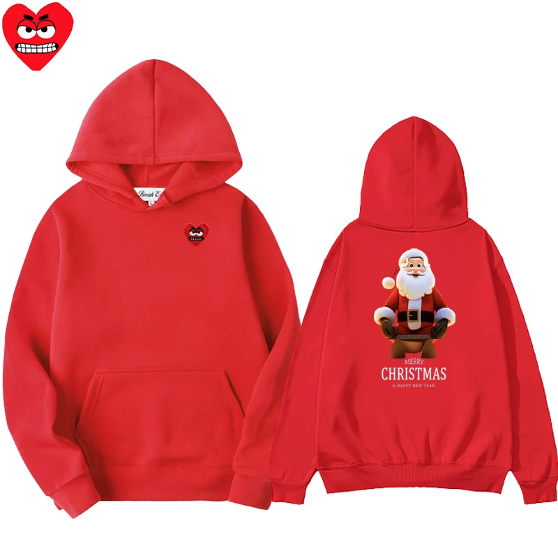 Santa Claus Printing Women Men Hoodie Polyester Cool Cute Snag Heart Embroidery Pullover Pockets Thin Loose Autumn Sweater