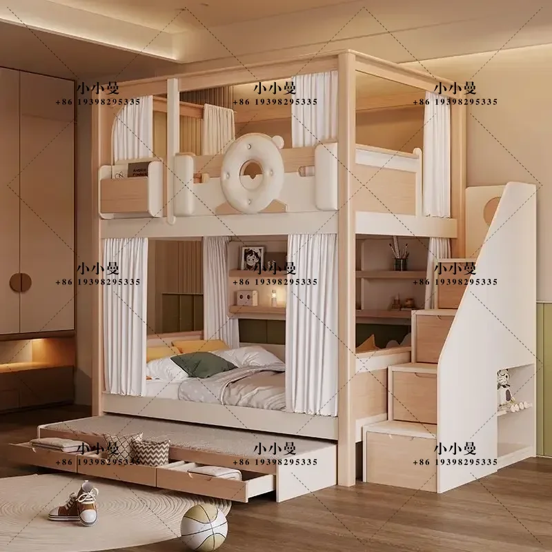 Cream wind bed, double floor, castle with high guardrails, children's beds on top, two bunk beds
