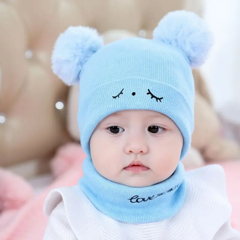 

Winter Baby Hat Scarf Set Toddler Girl Boy Cap Knitted Beanie Fur Ball Cartoon Bear Snow Outfit Infant Accessories