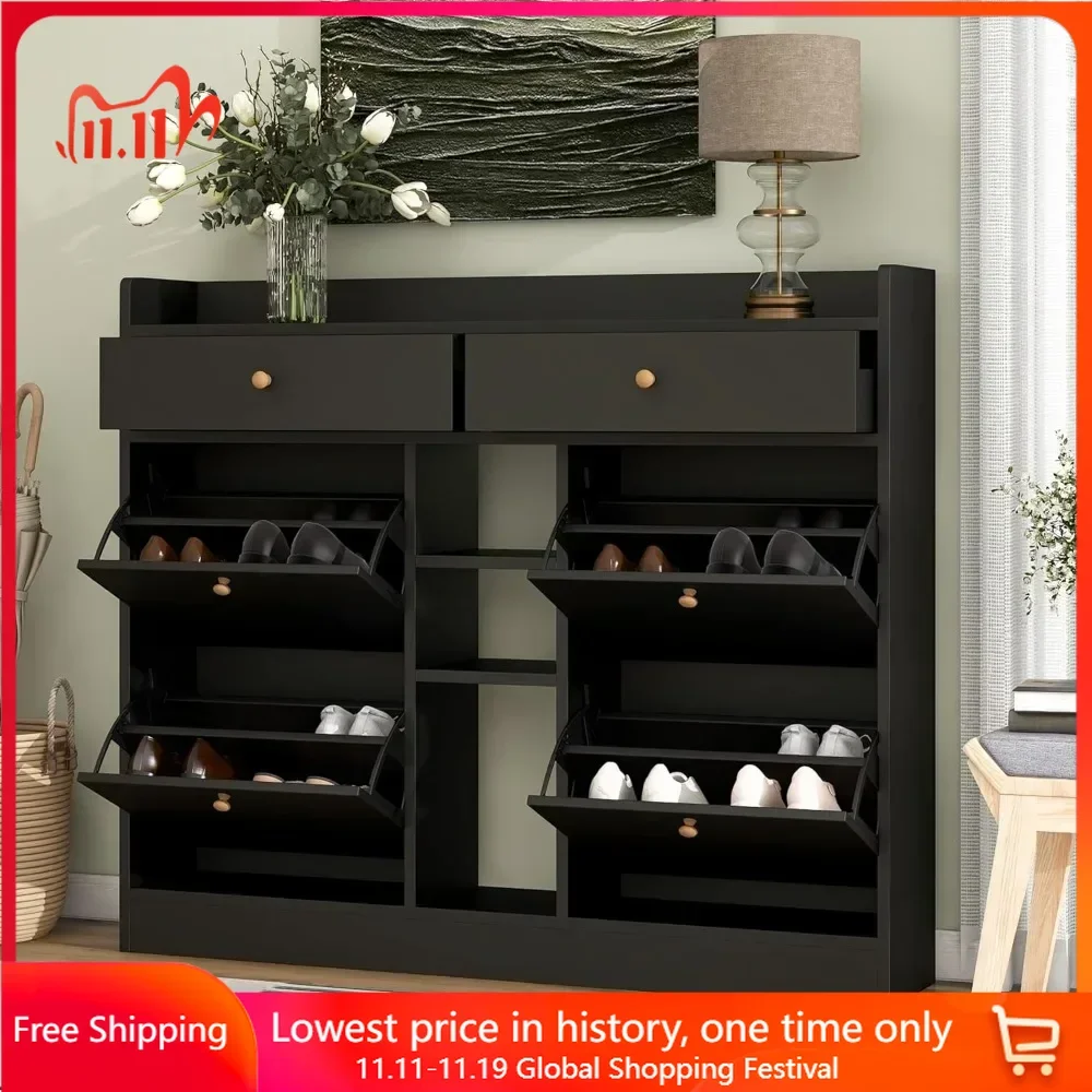 Shoe Cabinet with 4 Flip Drawers and 2 Top Drawers，Multifunctional 2-Tier Free Standing Shoe Storage Organizer，Shoe Cabinet