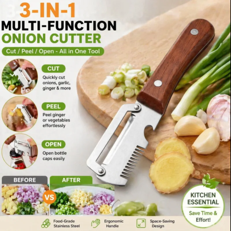 

3 in1 Stainless steel peeler with wooden handle for peeling and slicing fruits and vegetables Durable and smooth operation