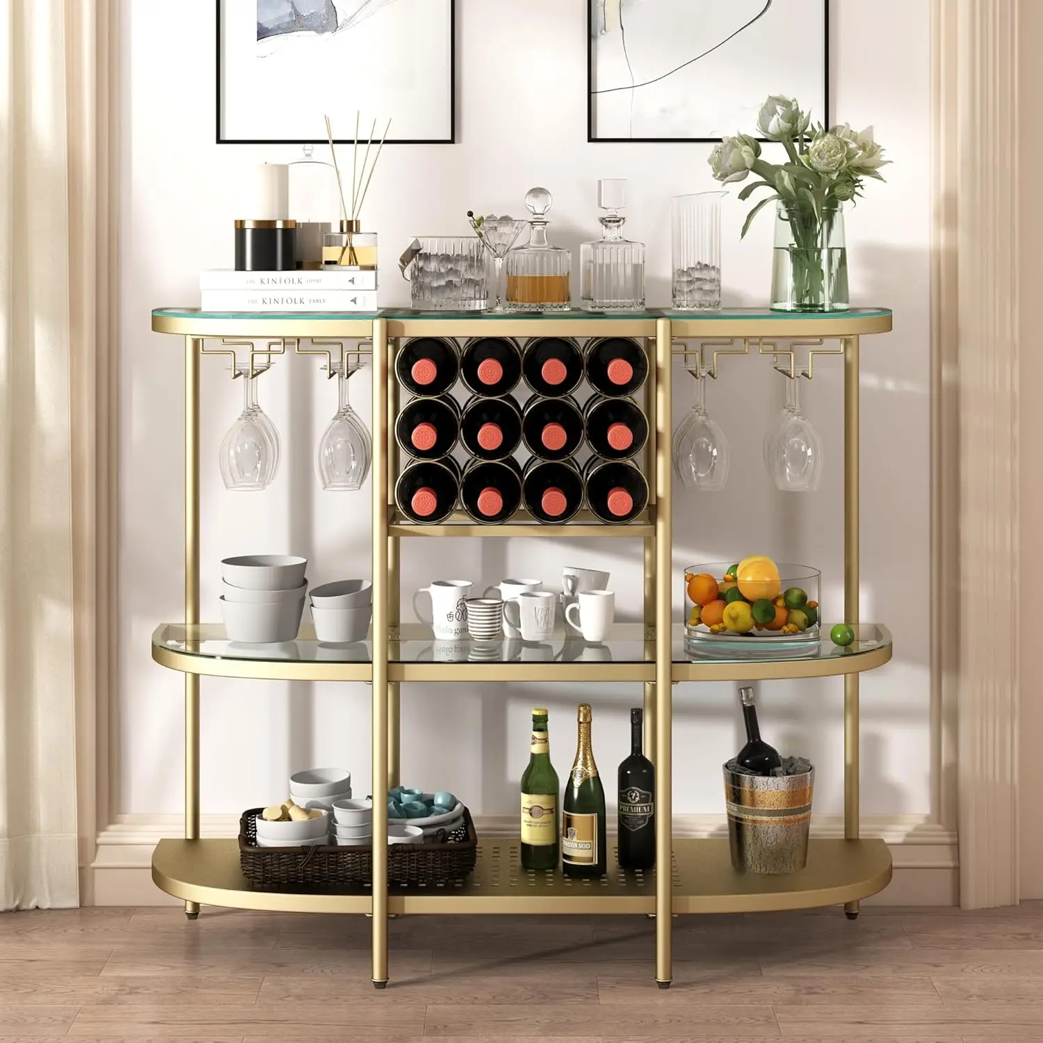 

O&K FURNITURE Home Bar Table with Wine Racks, 3 Tier Wine Bar Table with Glass Holders, Wine Cabinet with Open Shelf