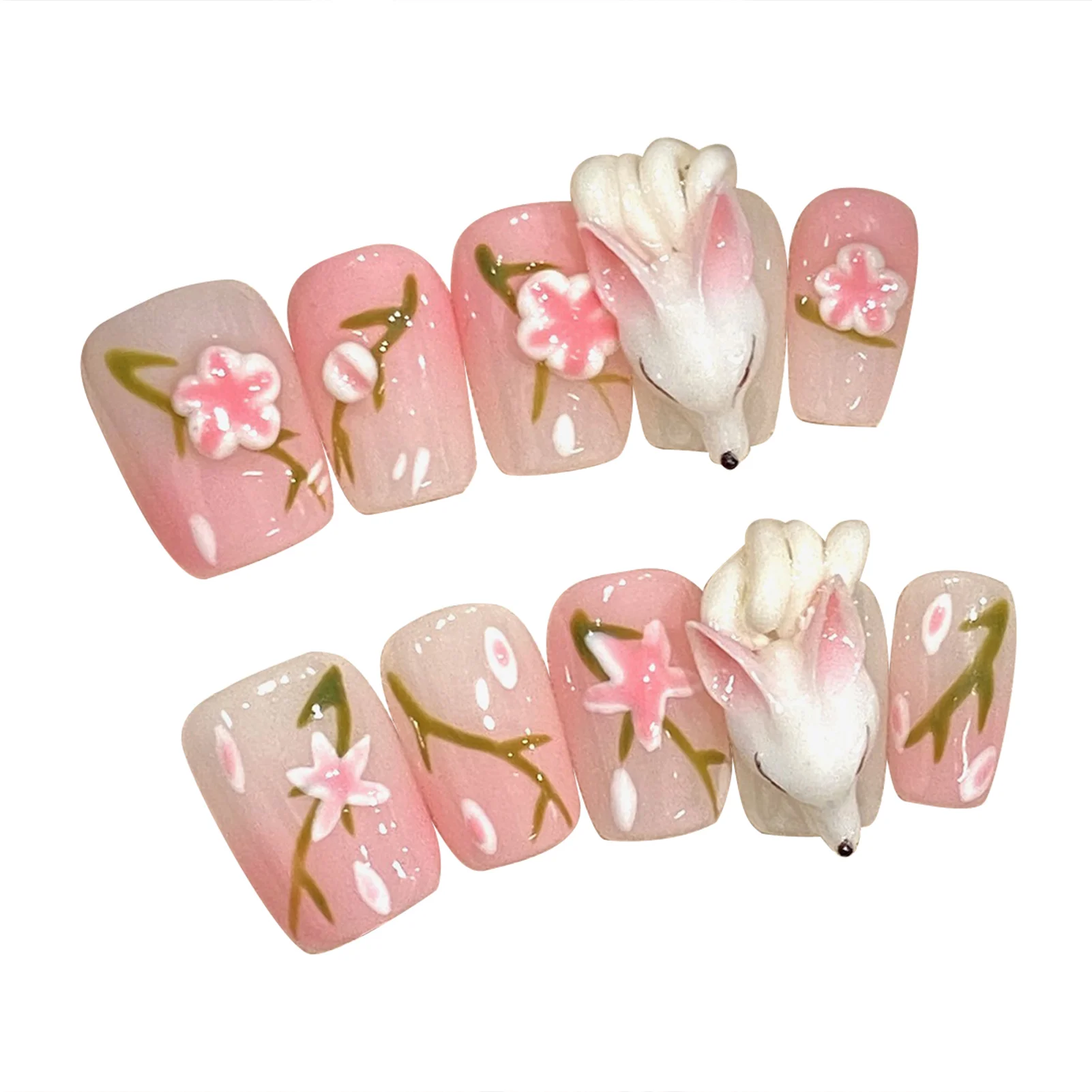 10 шт. стерео милые лисы ручной работы накладные ногти градиент розовый короткая лестница в китайском стиле накладные ногти каваи цветочный декор пресс на ногти
