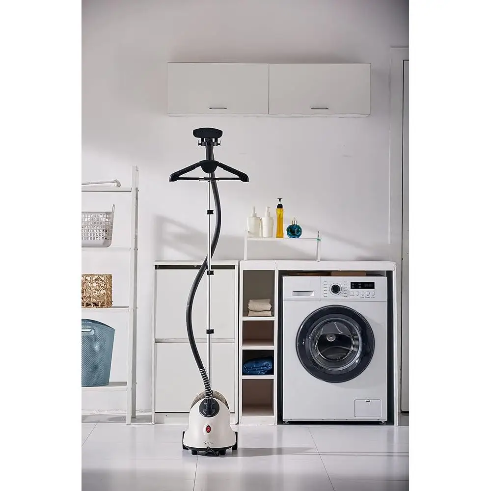 롤 휠이 있는 스탠딩 의류 스티머 1500W 연속 스팀 조절 가능한 폴 및 탈착식 물 탱크 이상적인 의류 커튼