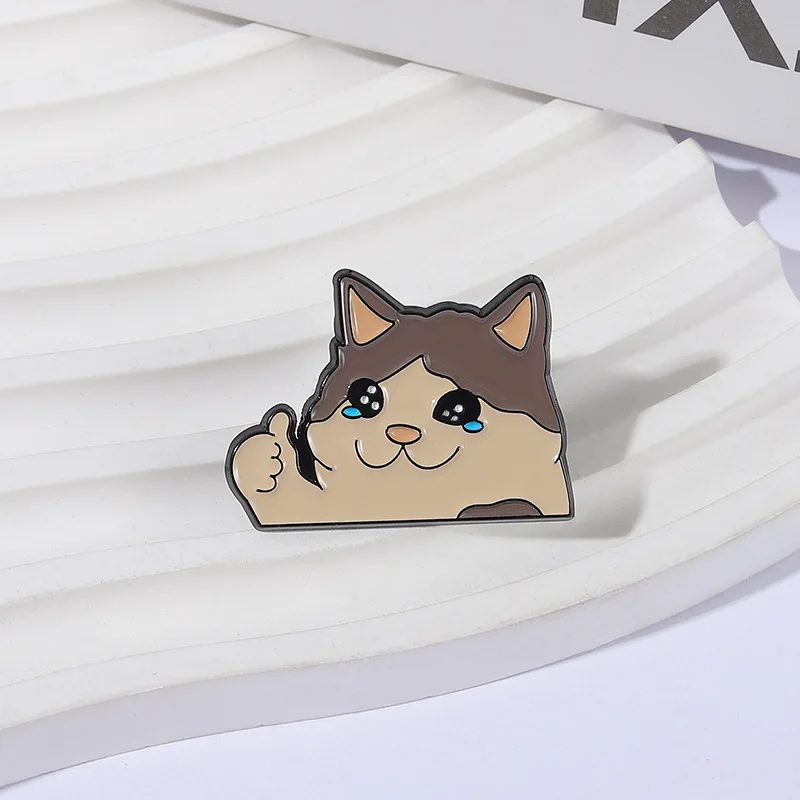 Thumb Up Crying Cat Enamel Pin Kawaii Humorous Animal Brooch Lapel Backpack Badge Funny Jewelry Gifts For Cat Lovers Friends