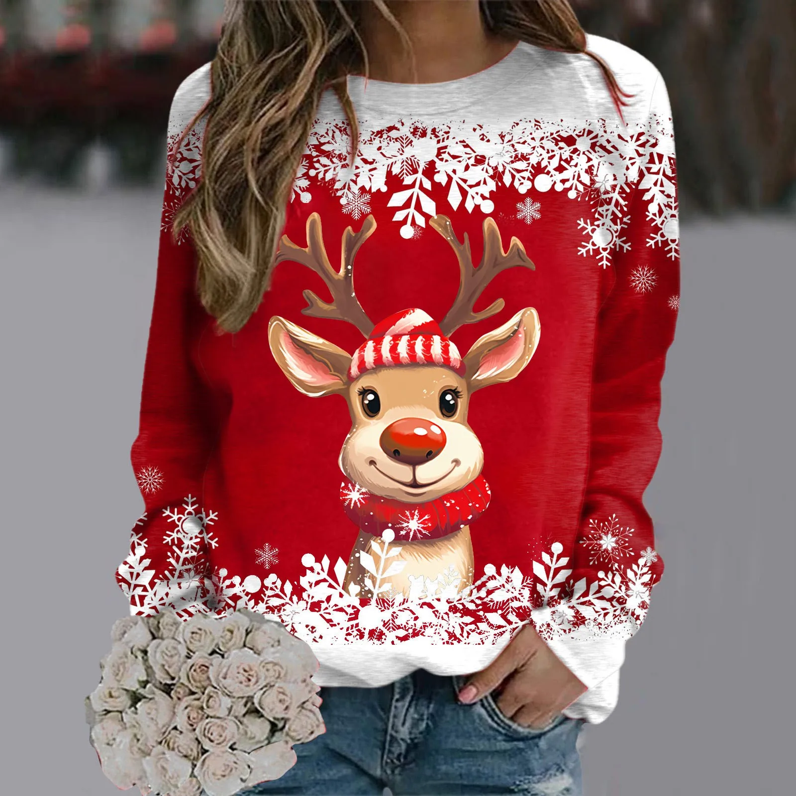 Teen Girls Long Sleeve Crewneck Sweatshirt  Sweaters For Women Christmas Cute Reindeer Graphic Xmas Shirts Fleece Clothes Women