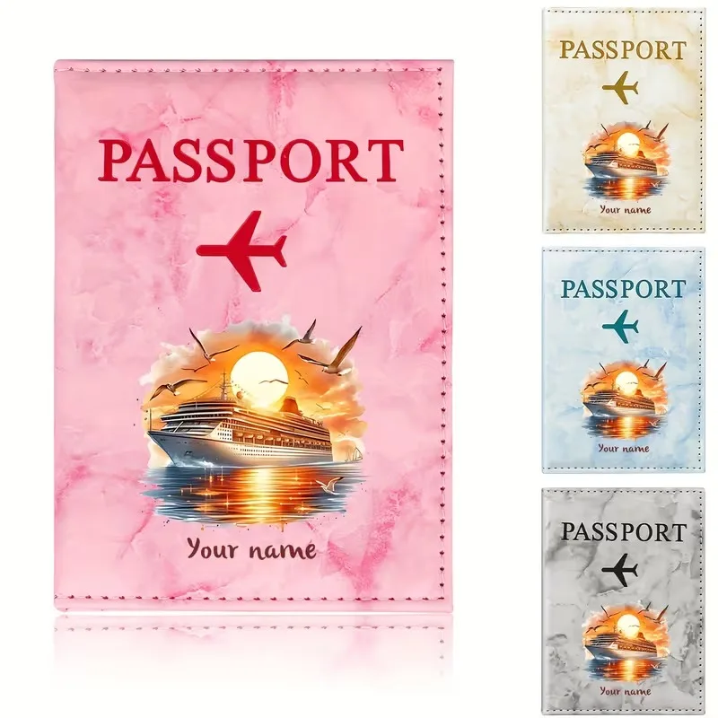Custom Name Sunset Cruise Ship And Seagull Illustration PU Passport Holder, Golden Airplane Icon, with Card Slot Travel Wallet