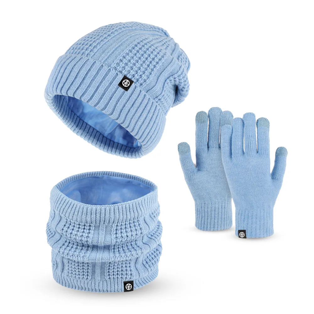 Set 3 Buah Topi Beanie Musim Dingin Wanita Sarung Tangan Snood Topi Musim Dingin Tebal Berlapis Bulu Rajut Warna Polos Hijau Ungu Oranye Biru
