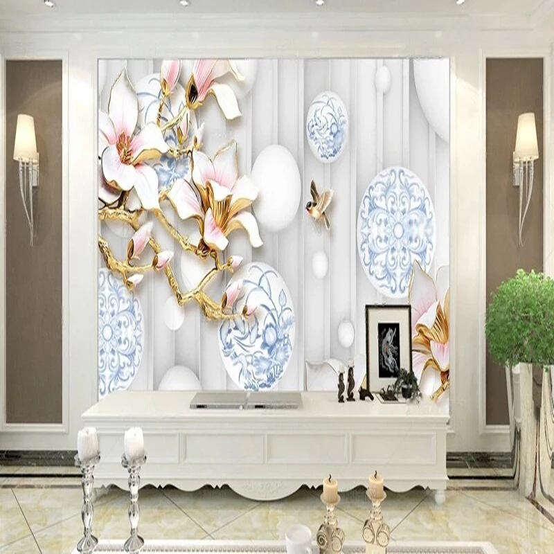 Modern simple and retro magnolia flower blooming 3D stereoscopic mural TV luxurious home decoration bedroom background wall