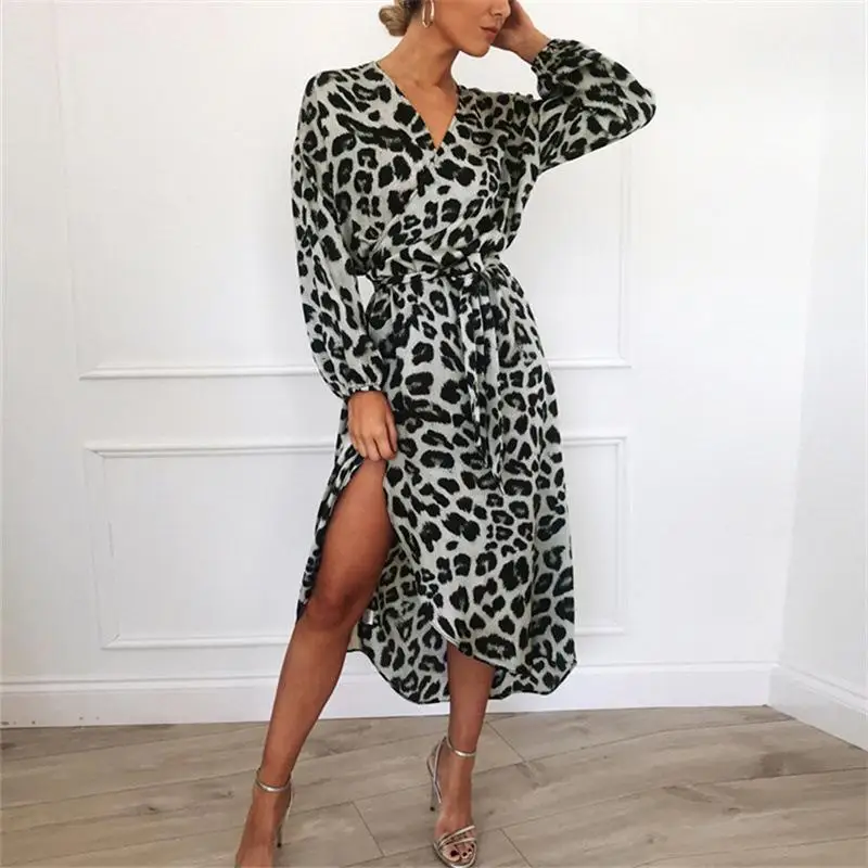 

Loose Dresses 2025 Woman Fashion Leopard Print Casual Daily Street Style Clothes Long Sleeves V-neck High Waist Irregular Dress