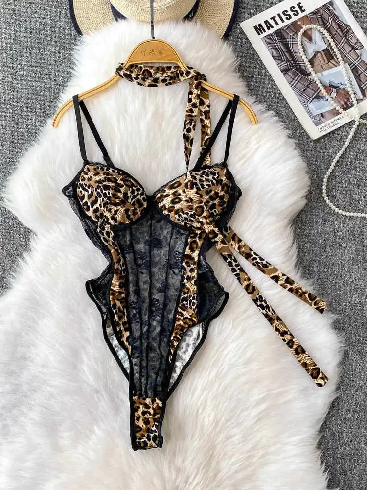 

Women's Leopard Jumpsuits Off Shoulder Overalls Y2k Sleeveless Lace Playsuits 90s Vintage Exotic Sexy Rompers Coquette Clothes