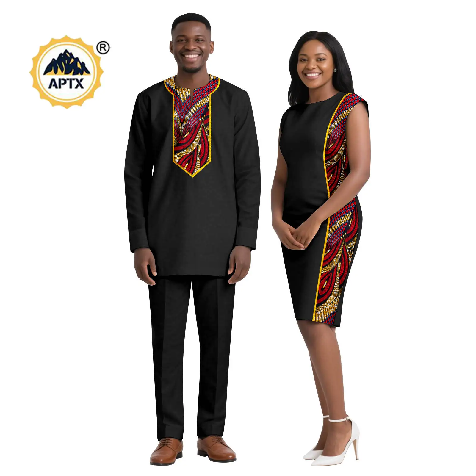 African Sexy Patchwork Print Hip Dresses for Women Matching Couple Outfits Africa Clothes Dashiki Men Top and Pant Sets 25C094