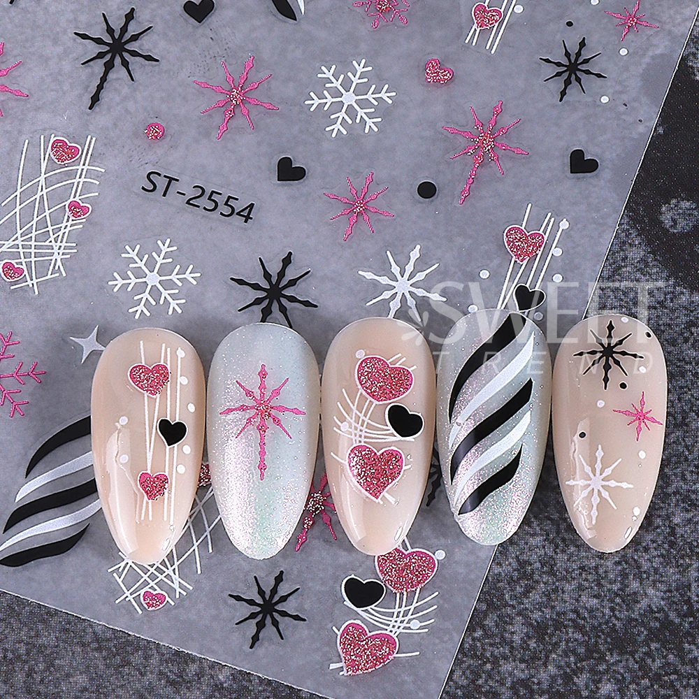 3/6개/세트 3D 크리스마스 네일 스티커 핑크 엘크 눈송이 리본 하트 네일 데칼 슬라이더 겨울 매니큐어 장식 네일 용품