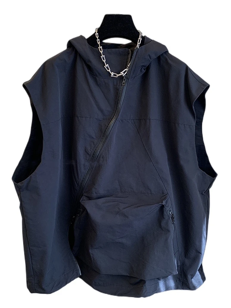 Women's Loose Fit Zipper Tank Top Vest Summer Workwear Sle Asymmetrical Zipper Design Svel Hooded Windbreaker Vest