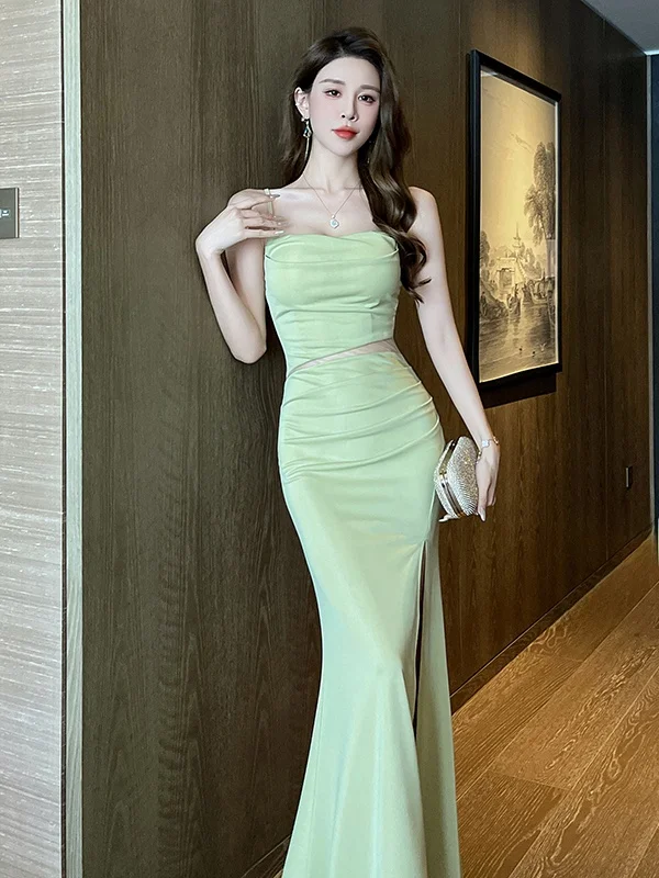 

Sexy Low Cut Evening Gown with Slit for Massage Spa Techans Faionable Long Strapl Dr High Waist Knitted Fabric