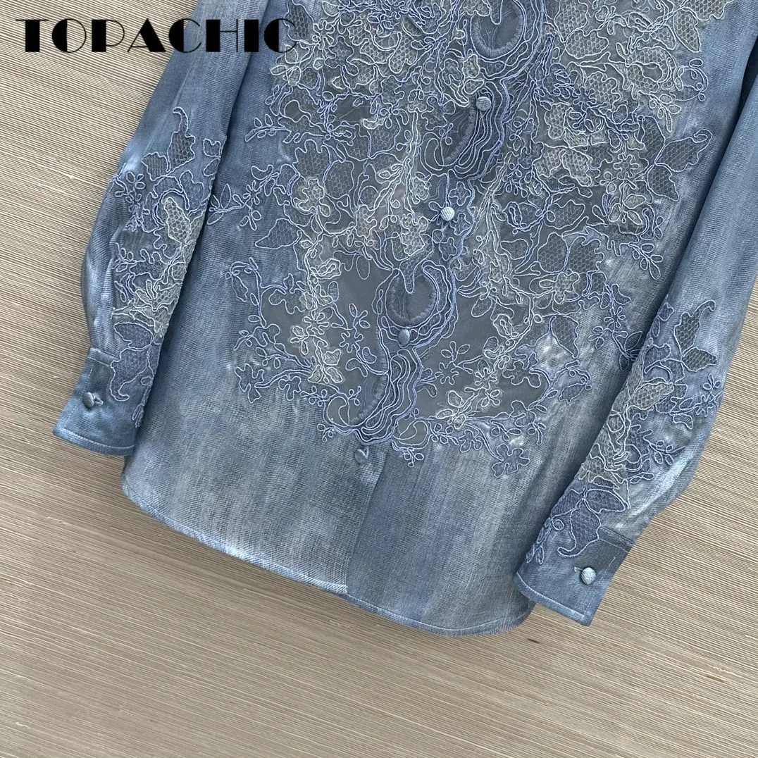 7.25 TOPACHIC-Women\'s Three-Dimensional Sheer Mesh Embroidered Silk Blouse Elegant Lapel Long Sleeve Blue Female Shirt