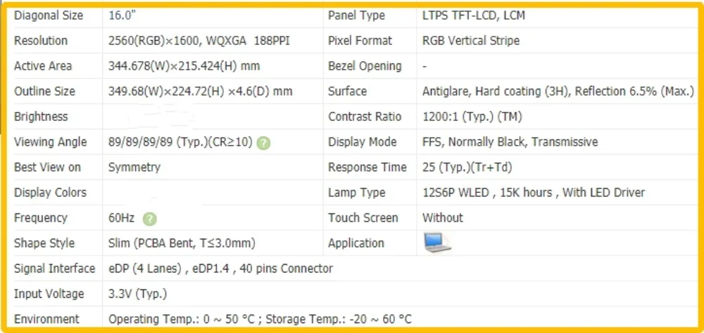 MNG007DA1-C QHD 2560x1600 16 inch Laptop Display LCD Screen No-touch 40pins IPS Panel