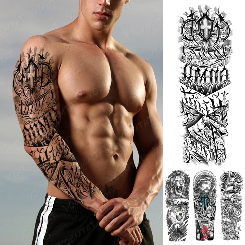 

Large Full Arm Sleeve Tattoo Waterproof Temporary Tattoos Sticker Gothic Text Letter Word Grave Cross Men Art Fake Tatoo Women