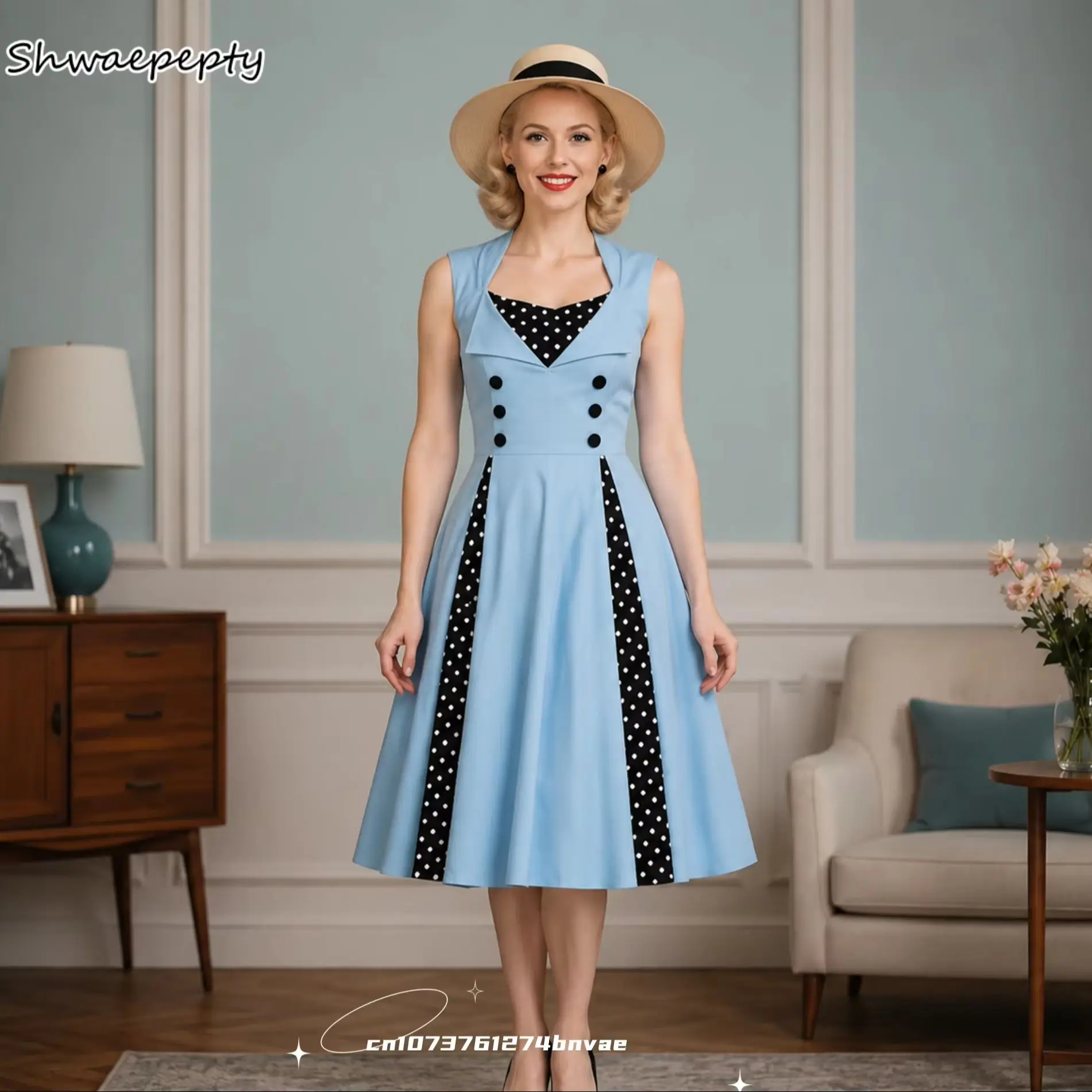Vintage 1950er Rockabilly Polka Dot Midi Ballkleid Ärmellos mit Revers Doppelreihig Pinup Swing Hochzeitskleid Maßanfertigung