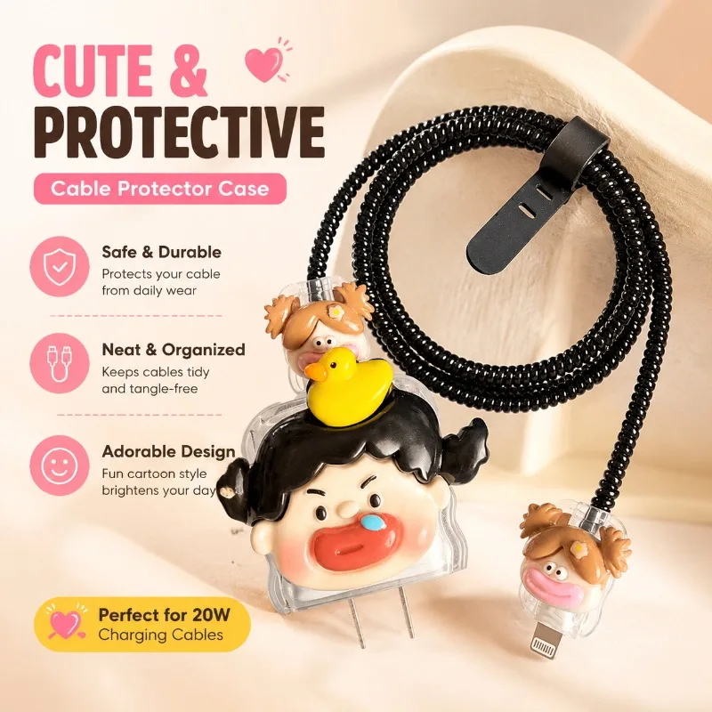 Cartoon Girl Cable Protector Winder Sleeve Compatible with 20W Apple Charger Plug Anti-break Silicone Cover Organizer Prevent