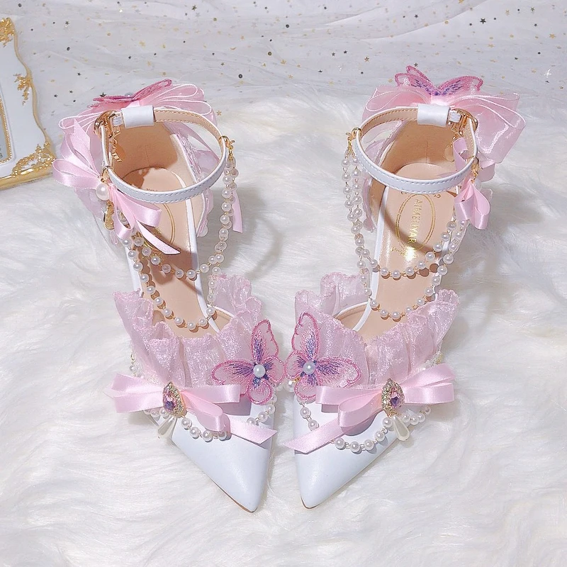 Lolita Sweet Pink Lace Bowknot Rhinestone High Heels Women Shoes Pointed Pearl Tassel Bridal Wedding Shoes Flower Wedding Shoes