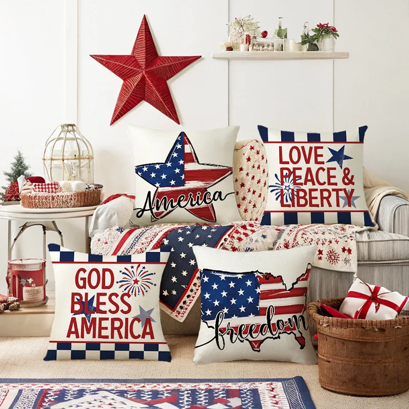 

American Independence Day Cushion Cove National Flag Love Print Linen Pillowcase Sofa Decorative Cushion Set Holiday Gift