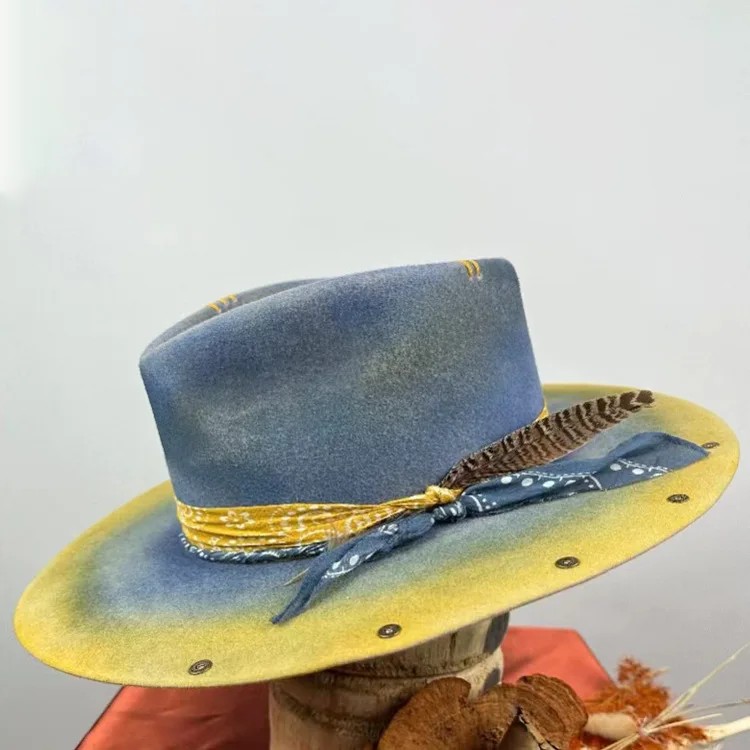 Ribbon-Decorated Wool Hat, Vintage Distressed Feather-Decorated Pure Wool Hat